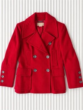 Michael Kors Woman Red Wool Pea Coat Jacket SMALL Classic Preppy Romantic Y2K